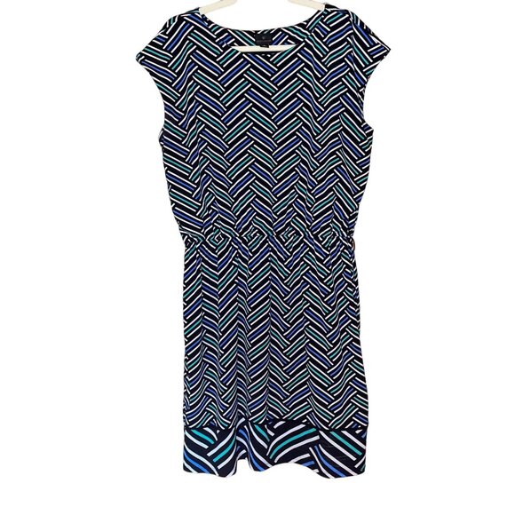 Worthington Womens XL Geometric Print Black Dress Blue & Green Stripes - Picture 1 of 8